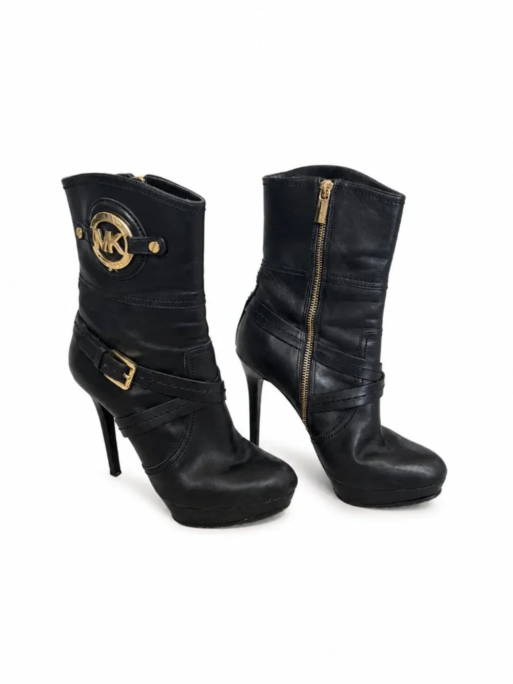 Michael Kors Black Leather Platform Stiletto Boots Gold Logo 7.5